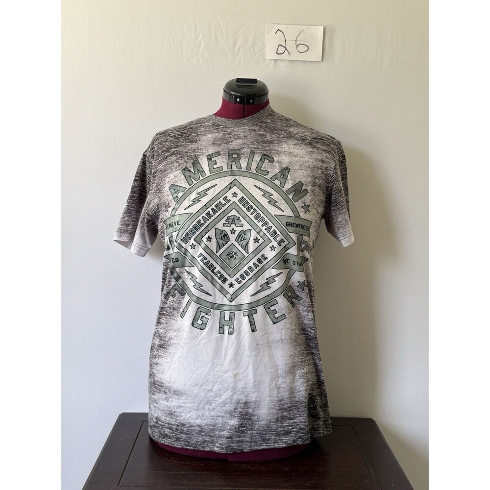 American Fighter Graphic T Shirt Men’s Large Gray Double Sided Buckle MMA Tee